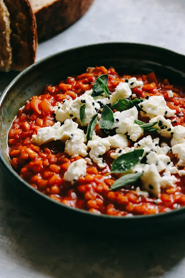 Rich and Saucy Tomato and Barley Risotto with Marinated Feta